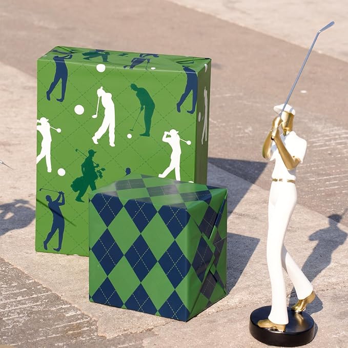 17" X 33' Reversible Wrapping Paper | Golfers w/ Green/Black Plaid