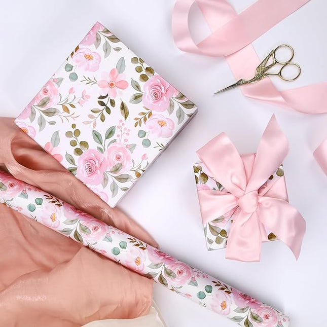17" X 33' Reversible Wrapping Paper | Pink Watercolor Roses w/ Pink LaRibbons and Crafts