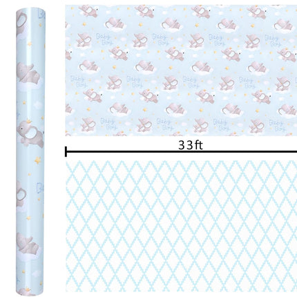17" X 33' Reversible Wrapping Paper | Blue Elephant w/ Blue Quilted LaRibbons and Crafts