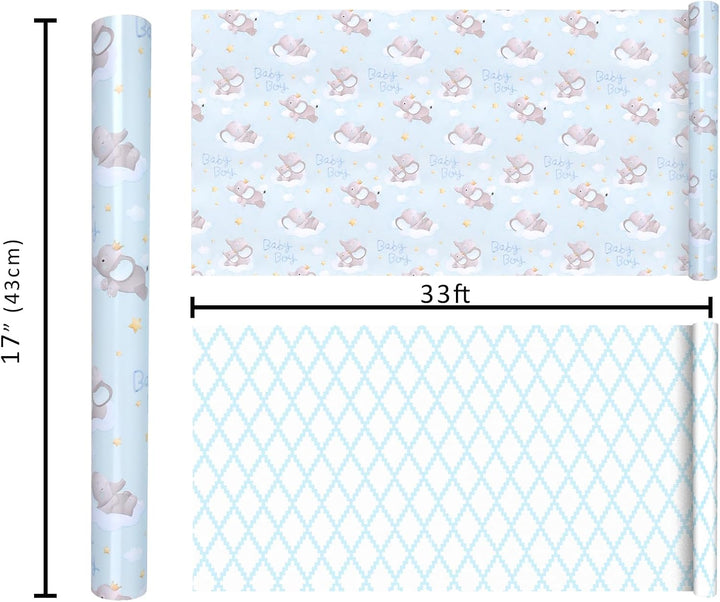 17" X 33' Reversible Wrapping Paper | Blue Elephant w/ Blue Quilted LaRibbons and Crafts