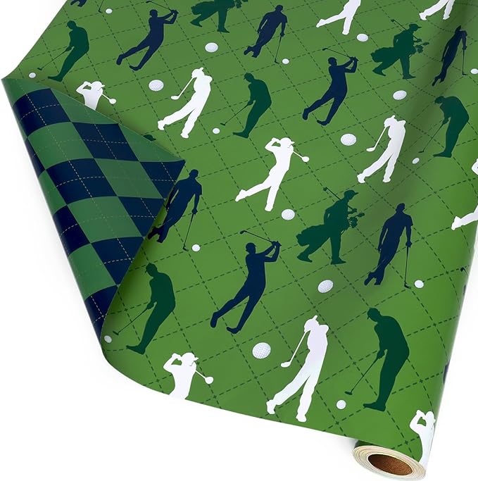 17" X 33' Reversible Wrapping Paper | Golfers w/ Green/Black Plaid