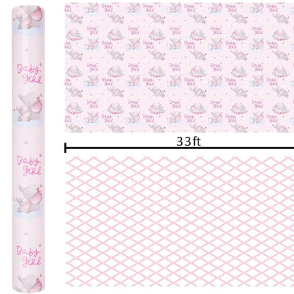 17" X 33' Reversible Wrapping Paper | Pink Elephant w/ Pink Quilted LaRibbons and Crafts
