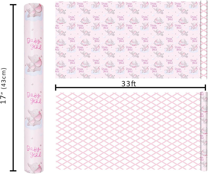 17" X 33' Reversible Wrapping Paper | Pink Elephant w/ Pink Quilted LaRibbons and Crafts