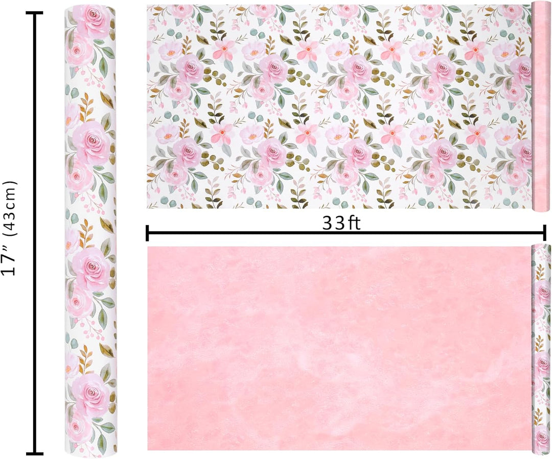 17" X 33' Reversible Wrapping Paper | Pink Watercolor Roses w/ Pink