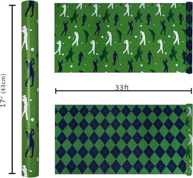17" X 33' Reversible Wrapping Paper | Golfers w/ Green/Black Plaid LaRibbons and Crafts