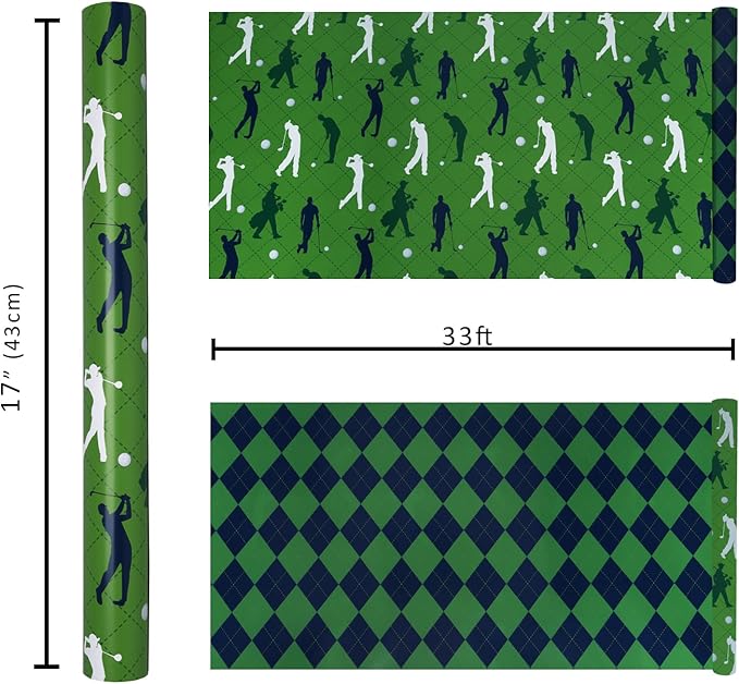 17" X 33' Reversible Wrapping Paper | Golfers w/ Green/Black Plaid