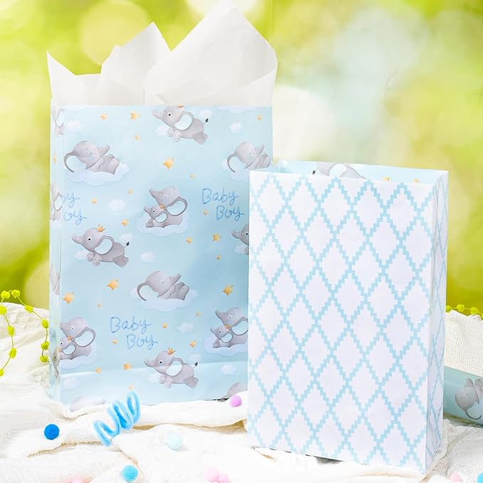 17" X 33' Reversible Wrapping Paper | Blue Elephant w/ Blue Quilted LaRibbons and Crafts