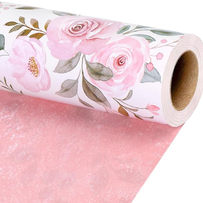 17" X 33' Reversible Wrapping Paper | Pink Watercolor Roses w/ Pink LaRibbons and Crafts
