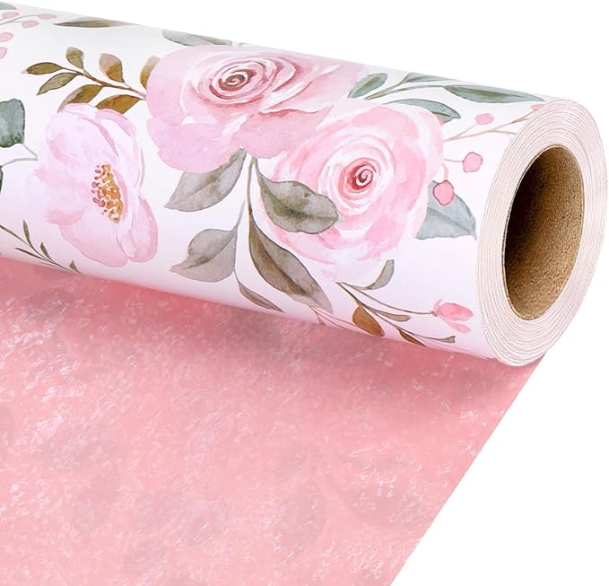 17" X 33' Reversible Wrapping Paper | Pink Watercolor Roses w/ Pink