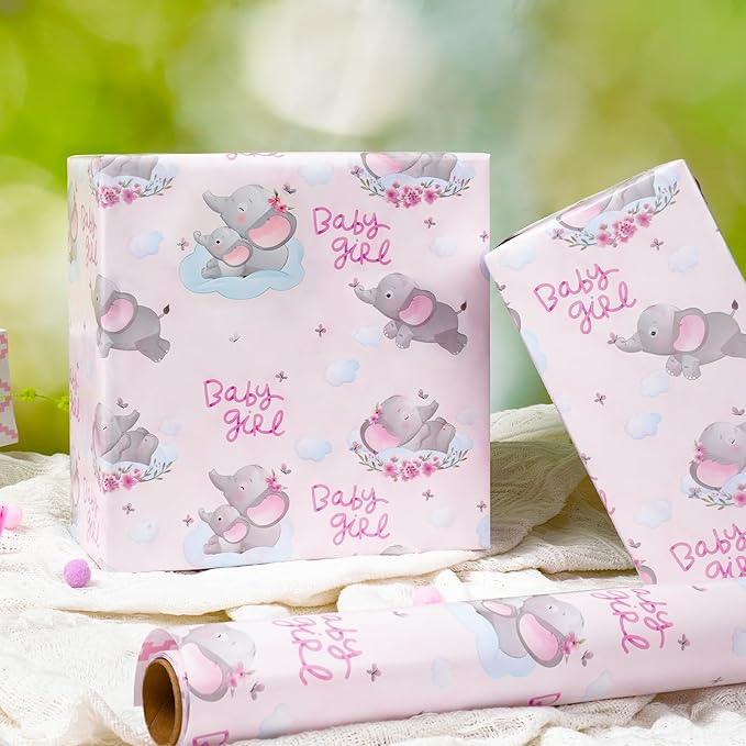 17" X 33' Reversible Wrapping Paper | Pink Elephant w/ Pink Quilted LaRibbons and Crafts
