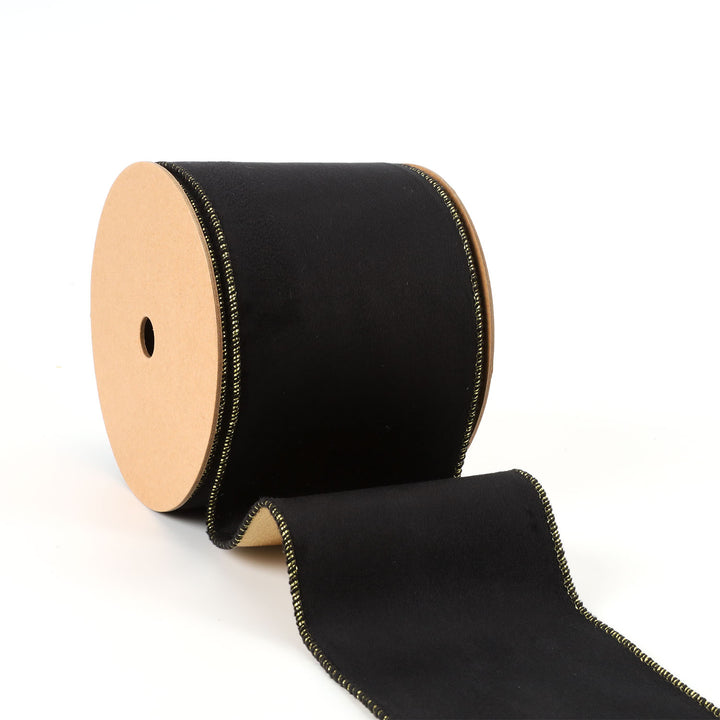 4" Reversible Classic Velvet/Shimmer Wired Ribbon | Black/Gold | 10 Yard Roll