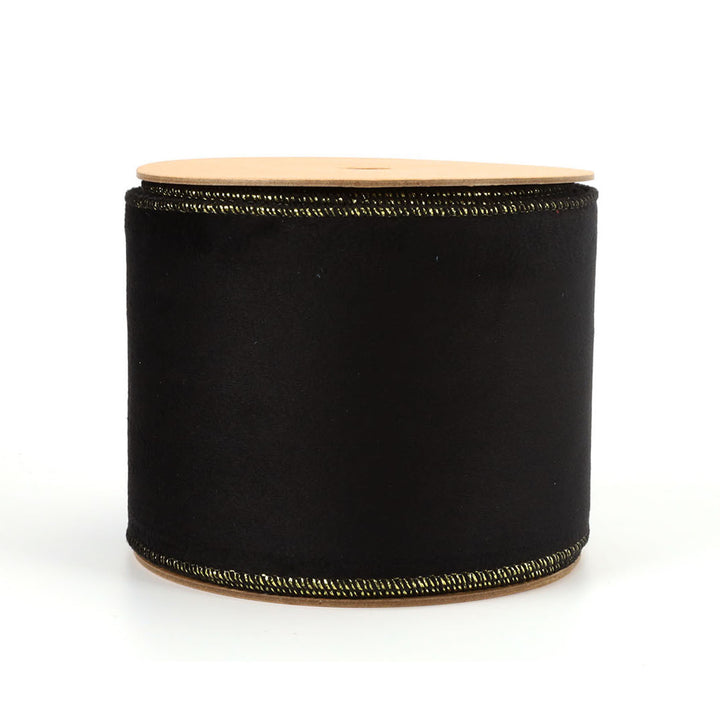 4" Reversible Classic Velvet/Shimmer Wired Ribbon | Black/Gold | 10 Yard Roll