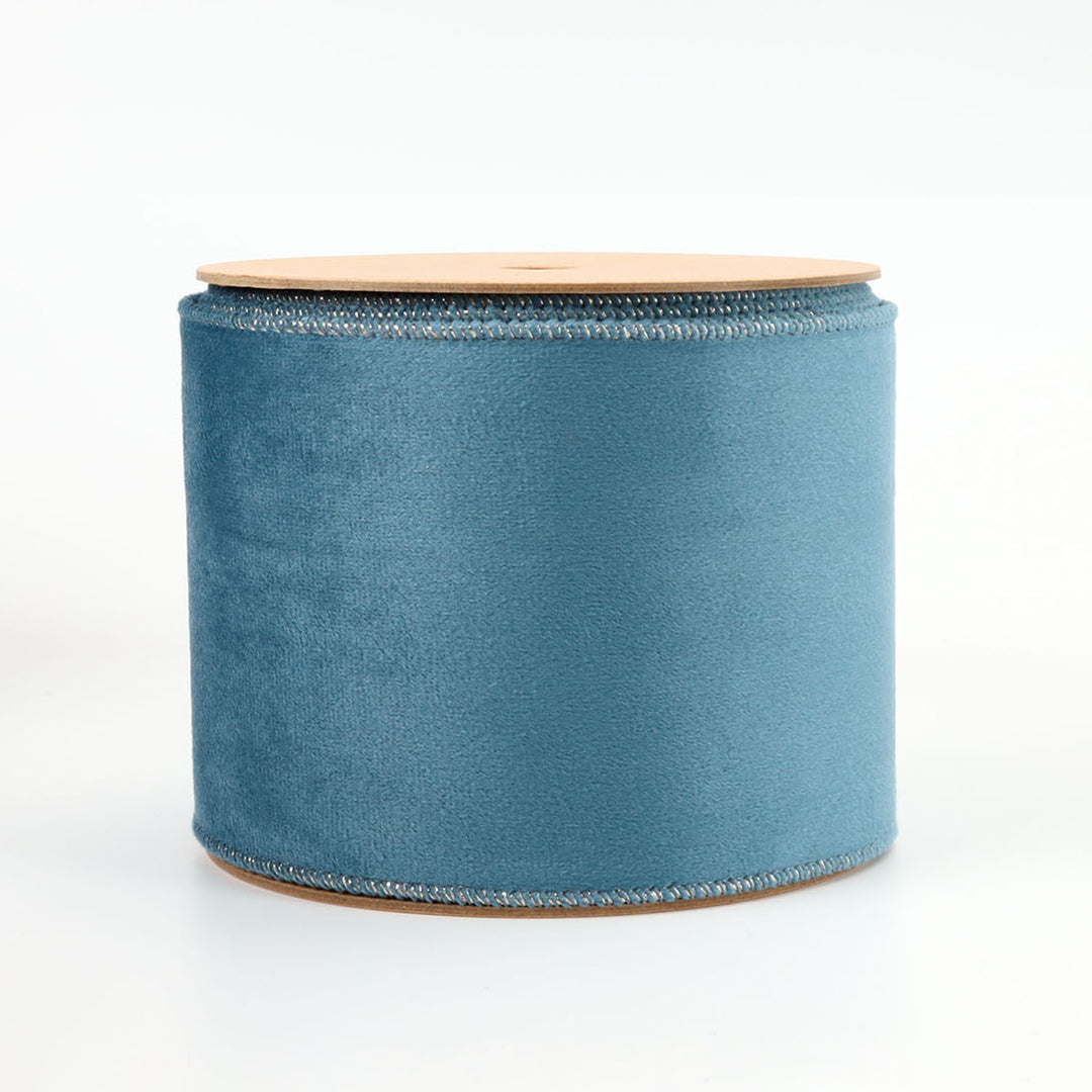 4" Reversible Classic Velvet/Shimmer Wired Ribbon | Military Blue/Lt. Silver | 10 Yard Roll