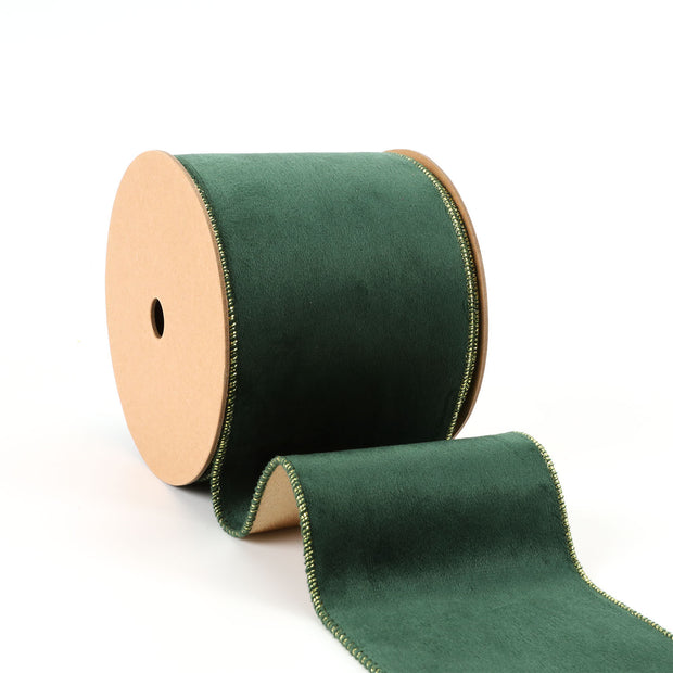 4" Reversible Classic Velvet/Shimmer Wired Ribbon | Spruce/Pale Gold | 10 Yard Roll