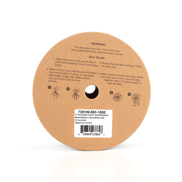 4" Reversible Classic Velvet/Shimmer Wired Ribbon | Spruce/Pale Gold | 10 Yard Roll