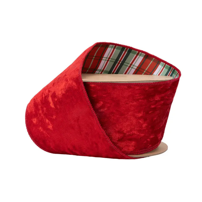4" Wired Velvet Ribbon | Red w/ Red/Green/White Plaid Backing | 10 Yard Roll LaRibbons Wholesale