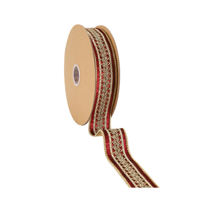 Unfurled burgundy velvet ribbon: gold lace trim – wired festive decor supply.