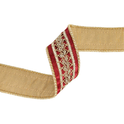 Folded burgundy velvet ribbon: gold backing + lace trim – dual-tone elegant decor.