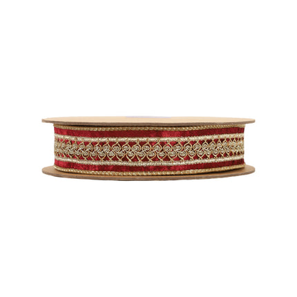 Burgundy velvet ribbon roll, gold metallic scroll trim, plush velvet & shiny wired edges.