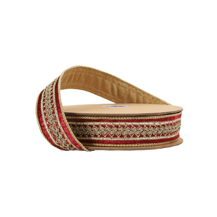 Burgundy velvet ribbon spool: gold metallic lace trim + gold backing – luxe decor.