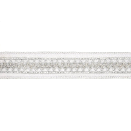 This ribbon showcases a white and silver design with detailed embroidered motifs and a shimmering finish.