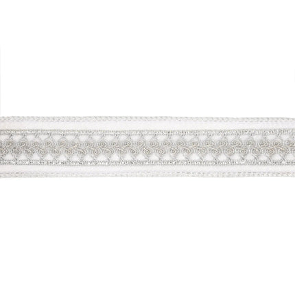 A length of white ribbon with intricate silver embroidered detailing, great for holiday styling, gift adornment .