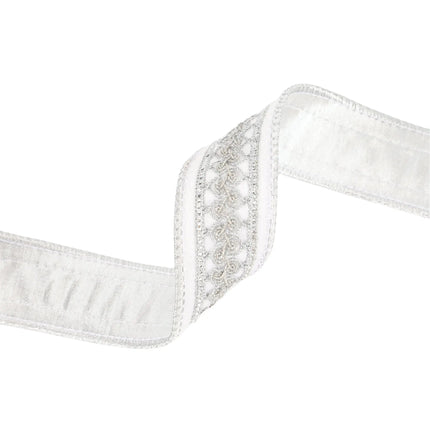 A length of white ribbon with intricate silver embroidered detailing, perfect for gift wrapping, and artistic endeavors.