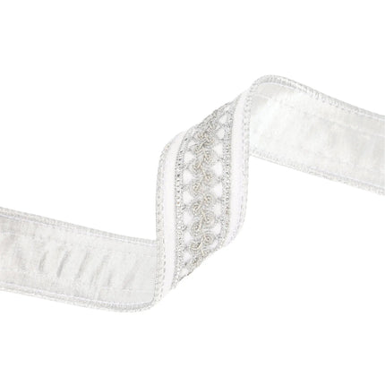 1 1/2" Wired Velvet Ribbon – White/silver metallic floral front, velvet reverse, double-fused.