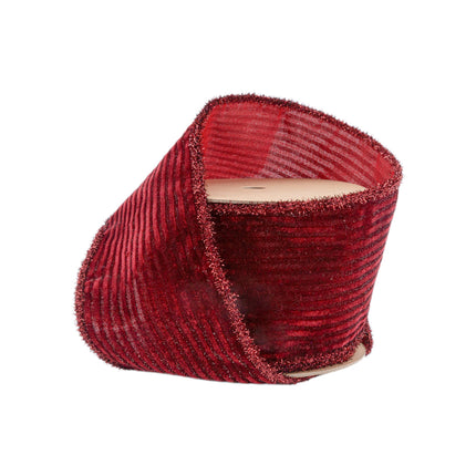 4" Wired Velvet Ribbon | Burgundy Stripe w/ Burgundy Tinsel Edging | 10 Yard Roll LaRibbons and Crafts