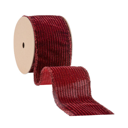 4" Wired Velvet Ribbon | Burgundy Stripe w/ Burgundy Tinsel Edging | 10 Yard Roll LaRibbons and Crafts