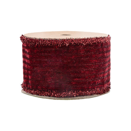 4" Wired Velvet Ribbon | Burgundy Stripe w/ Burgundy Tinsel Edging | 10 Yard Roll LaRibbons and Crafts
