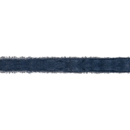 Smoke blue frayed velvet ribbon, 1 1/2 inch width, featuring distressed edges for rustic, elegant gift wrapping 