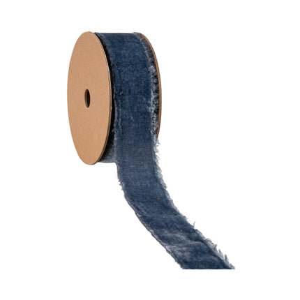 Distressed smoke blue velvet ribbon with frayed edges, perfect for adding a cozy, vintage touch to wreaths 