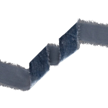 1 1/2" frayed velvet ribbon in smoke blue, offering a soft, worn look ideal for rustic home decor 