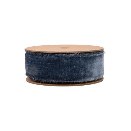 Smoke blue frayed velvet ribbon with raw edges, designed for creating textured, vintage-inspired bows