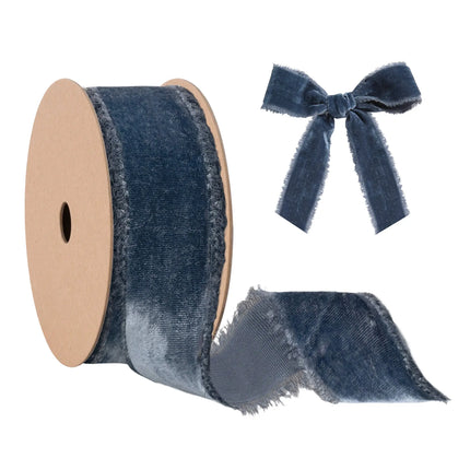 Smoke blue frayed velvet ribbon with raw edges, spool and bow, perfect for vintage-style crafts, gift wrapping, and wreath decor.