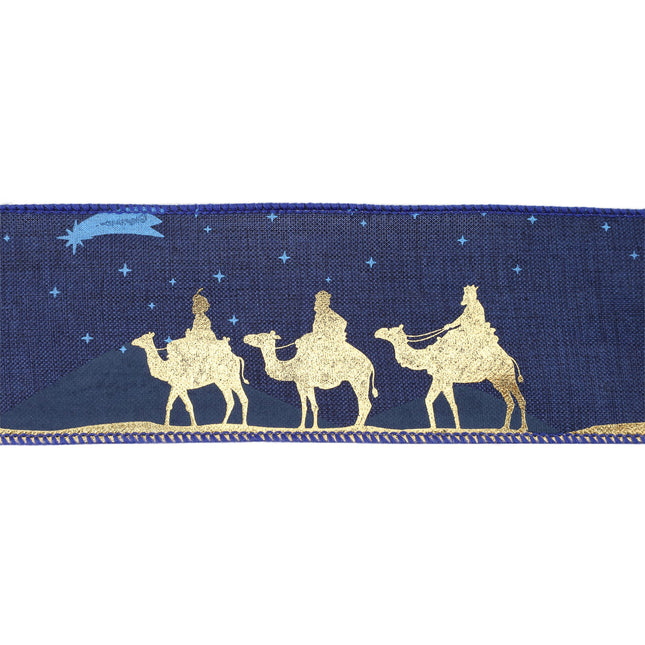 2 1/2" Faux Linen Wired Ribbon | Blue w/ Gold Print Three Wise Men | 10 Yard Roll LaRibbons and Crafts