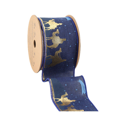 2 1/2" Faux Linen Wired Ribbon | Blue w/ Gold Print Three Wise Men | 10 Yard Roll LaRibbons and Crafts