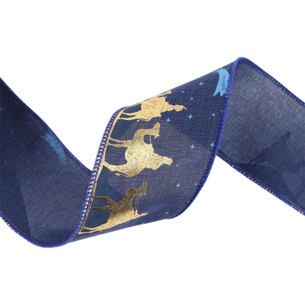 2 1/2" Faux Linen Wired Ribbon | Blue w/ Gold Print Three Wise Men | 10 Yard Roll LaRibbons and Crafts
