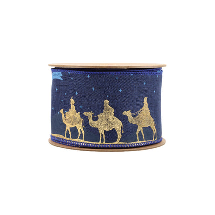 2 1/2" Faux Linen Wired Ribbon | Blue w/ Gold Print Three Wise Men | 10 Yard Roll LaRibbons and Crafts