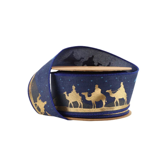 2 1/2" Faux Linen Wired Ribbon | Blue w/ Gold Print Three Wise Men | 10 Yard Roll LaRibbons and Crafts
