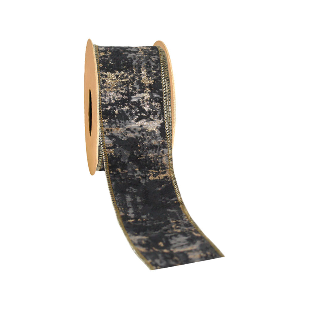 2 1/2" Wired Jacquard Ribbon | "Bark" Black/Gold | 10 Yard Roll