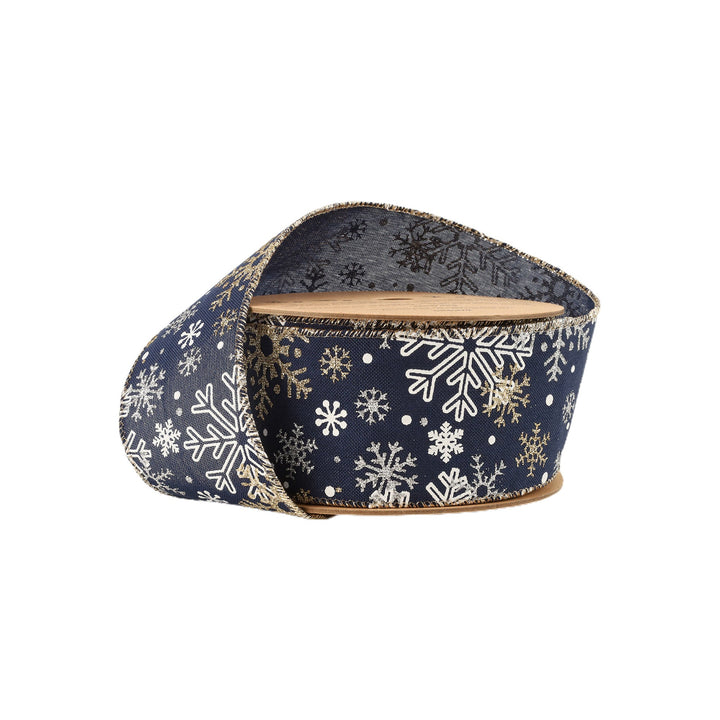 2 1/2" Faux Linen Wired Ribbon | Blue w/ Silver Glitter and Print White Snowflake | 10 Yard Roll LaRibbons and Crafts