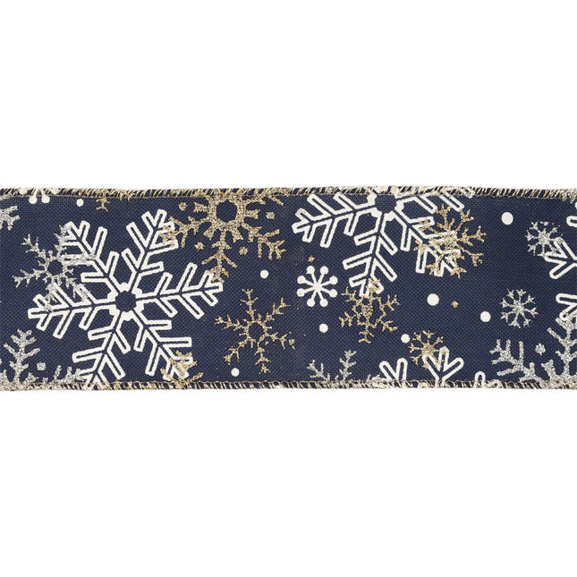 2 1/2" Faux Linen Wired Ribbon | Blue w/ Silver Glitter and Print White Snowflake | 10 Yard Roll LaRibbons and Crafts