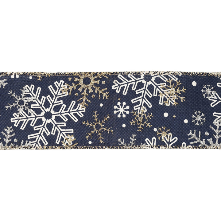 2 1/2" Faux Linen Wired Ribbon | Blue w/ Silver Glitter and Print White Snowflake | 10 Yard Roll LaRibbons and Crafts