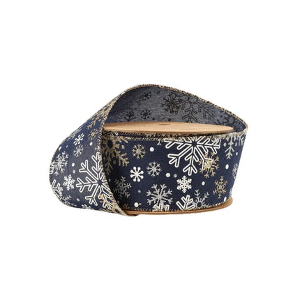 2 1/2" Faux Linen Wired Ribbon | Blue w/ Silver Glitter and Print White Snowflake | 10 Yard Roll LaRibbons and Crafts