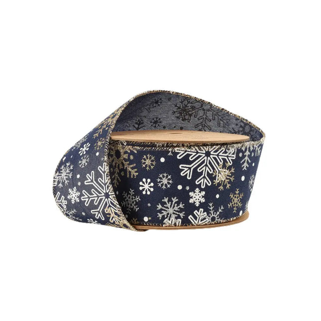 2 1/2" Faux Linen Wired Ribbon | Blue w/ Silver Glitter and Print White Snowflake | 10 Yard Roll LaRibbons and Crafts