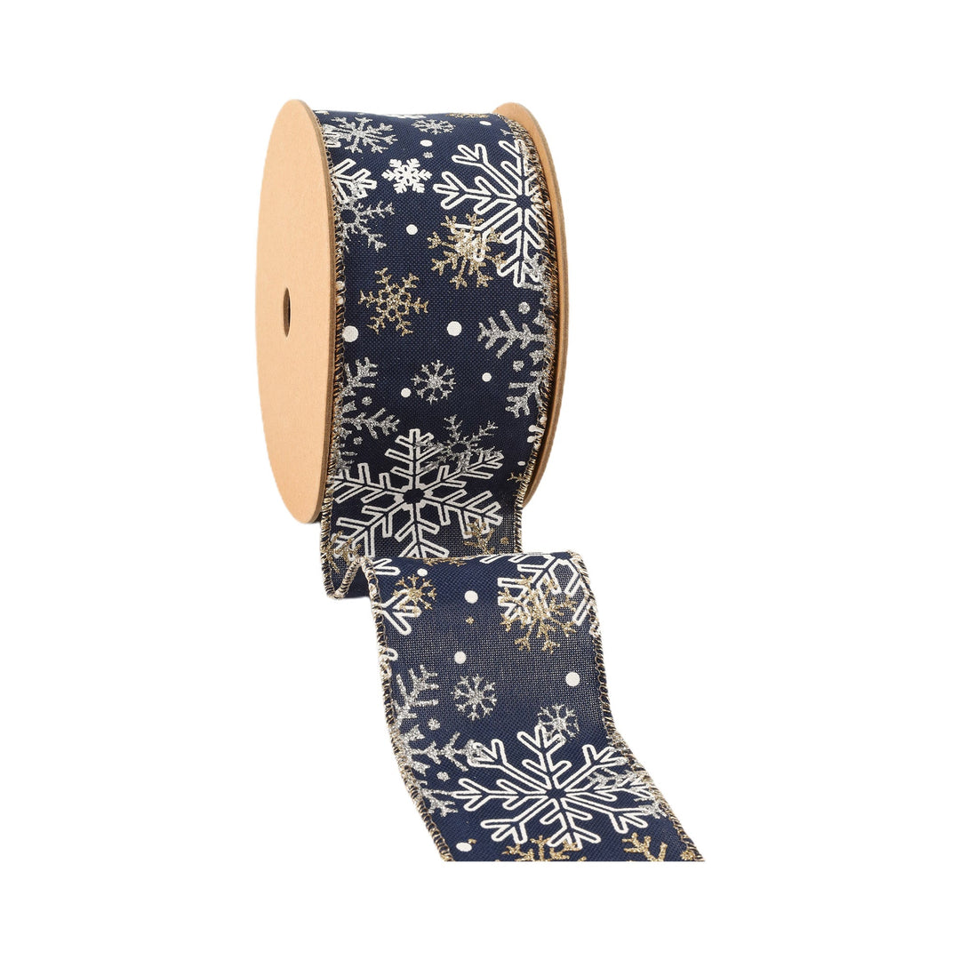 2 1/2" Faux Linen Wired Ribbon | Blue w/ Silver Glitter and Print White Snowflake | 10 Yard Roll LaRibbons and Crafts