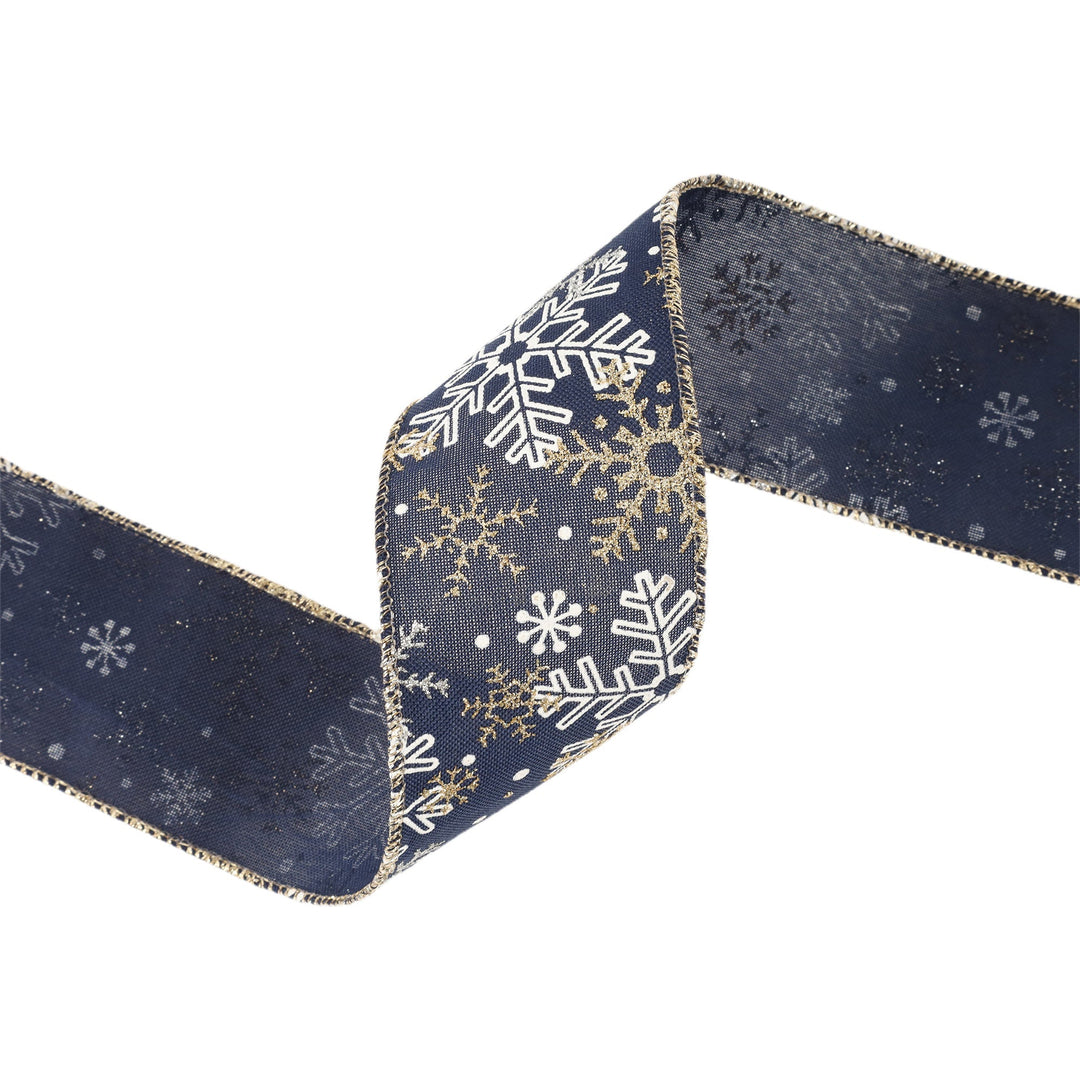 2 1/2" Faux Linen Wired Ribbon | Blue w/ Silver Glitter and Print White Snowflake | 10 Yard Roll LaRibbons and Crafts