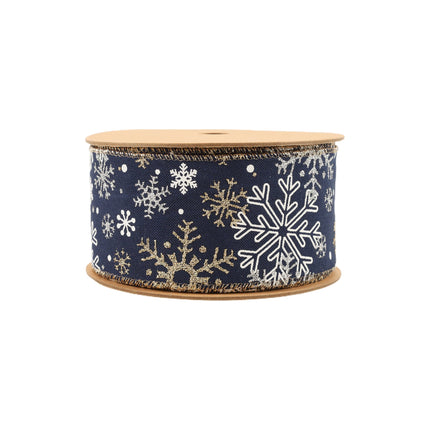 2 1/2" Faux Linen Wired Ribbon | Blue w/ Silver Glitter and Print White Snowflake | 10 Yard Roll LaRibbons and Crafts